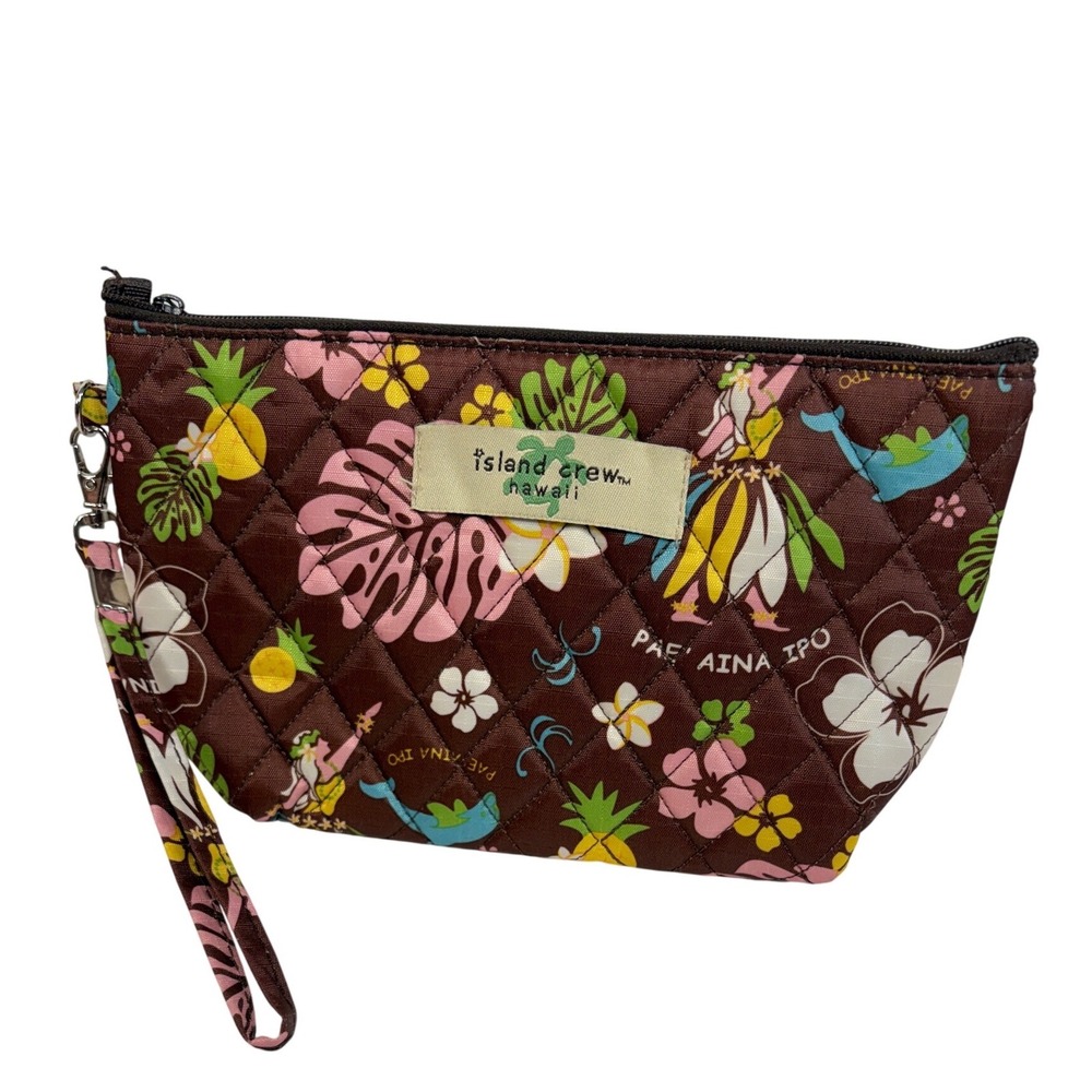 Island Crew Hawaii Quilted Tropical Wristlet Hula Dancers Floral Brown Pouch